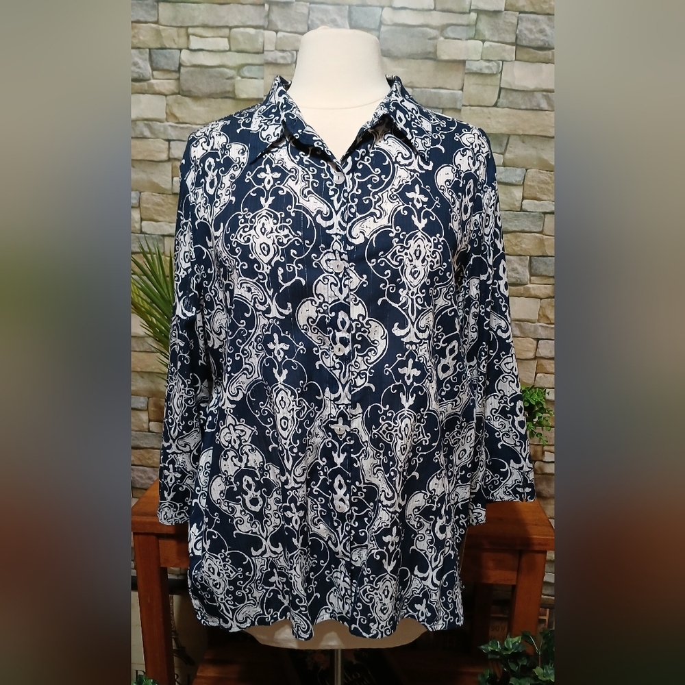 New ALFRED DUNNER Large Navy White Button Down Shirt Anchors‎ Away